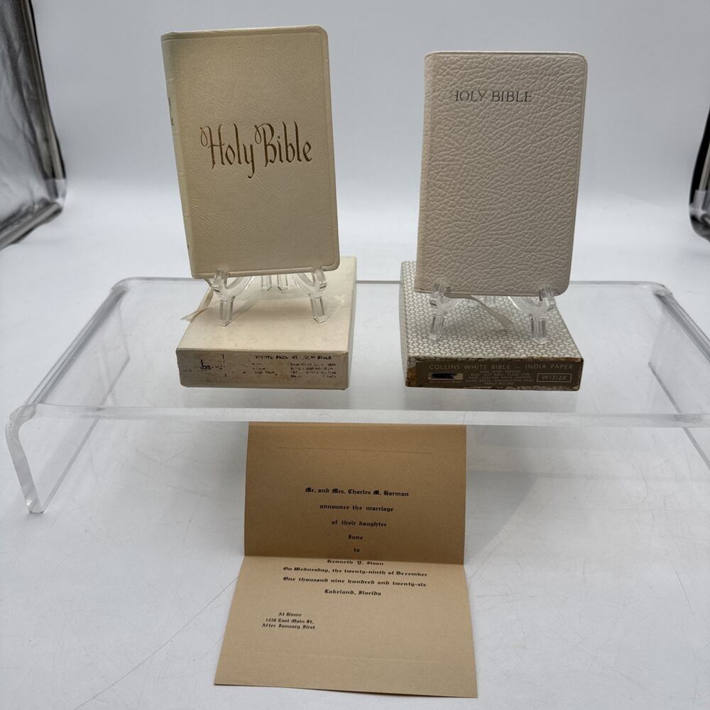 2 1958 HOLY BIBLES WHITE BRIDAL PRESENTATION ORG BOX KJV Collins/Gibson +⬇️